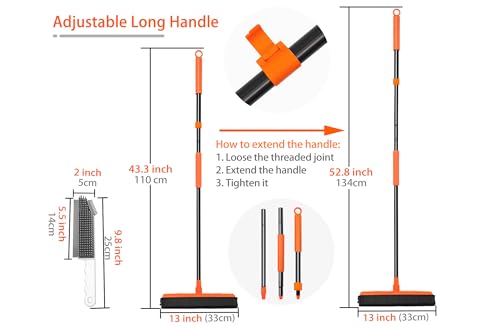 JEHONN Rubber Broom Carpet Rake for Pet Hair Remover, Fur Removal with Squeegee, Portable Detailing Brush Brush, 52.8 Inches Telescopic Long Handle for Fluff Carpet