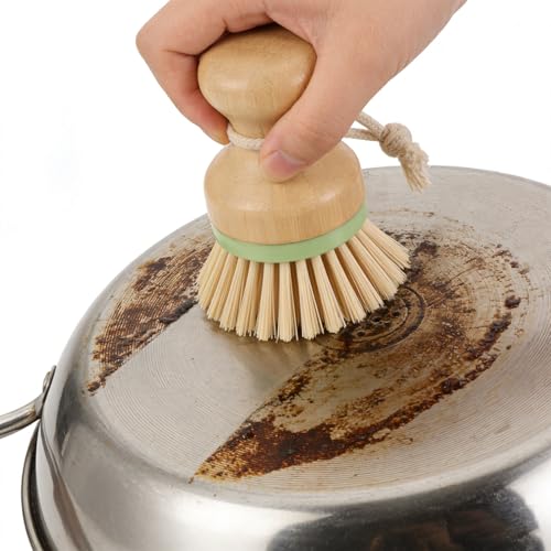 Dish Scrub Brush - Palm Brush with Ergonomic Wood Grip & Non-Scratch Medium Stiff Bristles for Cleaning Dishes, Pots, Pans, Kitchen Sink, Daily Dishwashing