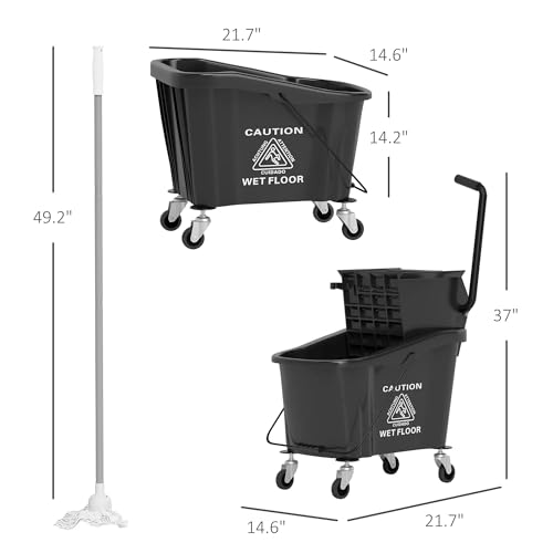 38 Quart Mop Bucket with Down Press Wringer on Wheels, Rolling Floor Cleaning Bucket with Handle, Commercial Cleaning System (Yellow) (Black) - color: Black