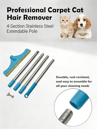 Premium Stainless Steel Pet Hair Removal Carpet Rake | Reusable Adjustable Pet Fur De-Shedding Tool for Carpets, Rugs, Upholstery & Auto Mats | Long Extendable Handle, Heavy-Duty Construction (Blue) - color: Blue