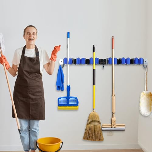 BigKing Mop Broom Holder Wall Mounted,6 Racks 3 Hooks Heavy Duty Stainless Steel Broom and Mop Hangers,Garage Storage Rack & Garden Tool Organizer, Self-adhesive/Screw Drilling