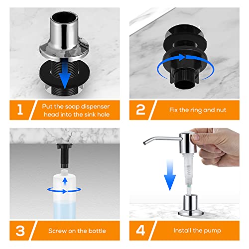 Built in Soap Dispenser for Kitchen Sink Chrome Stainless Steel Pump Head, Counter Soap Dispenser Refill from Top with 17 Ounce PE Bottle - color: Chrome