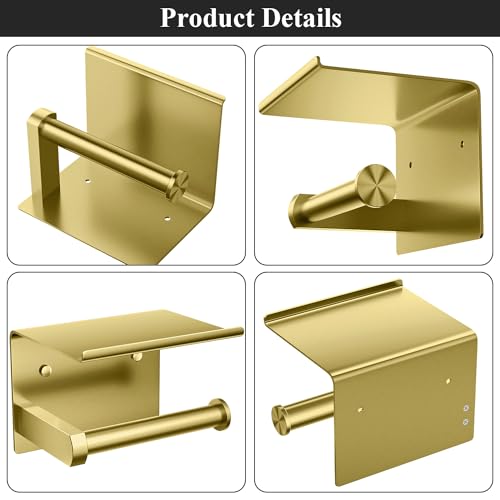Tindbea Toilet Paper Holder with Phone Shelf, Adhesive or Screw Wall Mount Toilet Tissue Roll Holder, Rustproof & Multifunctional Stainless Steel Bathroom Storage Dispenser (Brushed Gold) - color: E-brushed Gold
