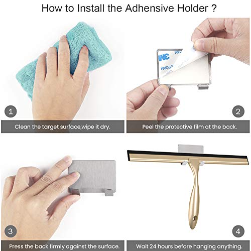 Shower Squeegee with Self Adhesive Hook, 14 Inches Stainless Steel Squeegee Cleaner, All-Purpose Window Scraper for Bathroom Doors, Mirror, Windows and Car Glass, Light Gold