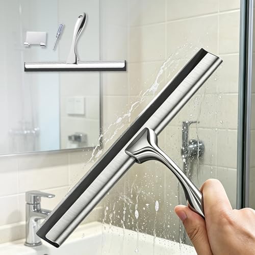 All-Purpose Stainless Steel Shower Squeegee for Shower Glass Door with Adhesive Hook, Bathroom Cleaner Tool Household Window Mirror Squeegee, Cleaning Tile Wall, Car, 10 Inch Silver