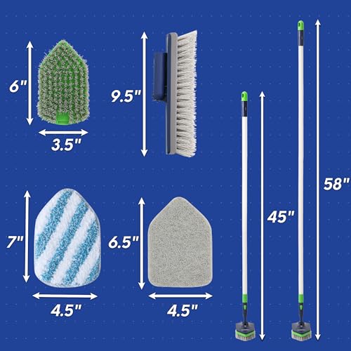 BOOMJOY 4 in 1 Shower Cleaning Brush, 58" Extendable Tub and Tile Scrubber Set, Grout Brush with Long Handle, Shower Tile Floor Scrubber for Cleaning Baseboard Bathroom Toilet Kitchen