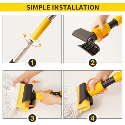 Professional Commercial Mop Industrial Heavy Duty Mop with 54" Long Handle ,Wet Mop for Home,Workshop,Garage Floors Cleaning,with 53'' Stainless Steel Mop Handle,Yellow