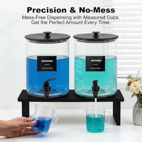 Glass Laundry Detergent Dispenser for Laundry Room Organization, 1 Gallon Large Liquid Soap Dispenser with Black Metal Lid & Leak-Proof Spigot, 2 Measured Cups, 2 Silicone Mats & 9 Labels (2, Black) - color: Black