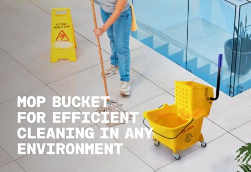 Mop Bucket 25 Quart | Side Press Wringer | 4 Wheels 2" | Yellow