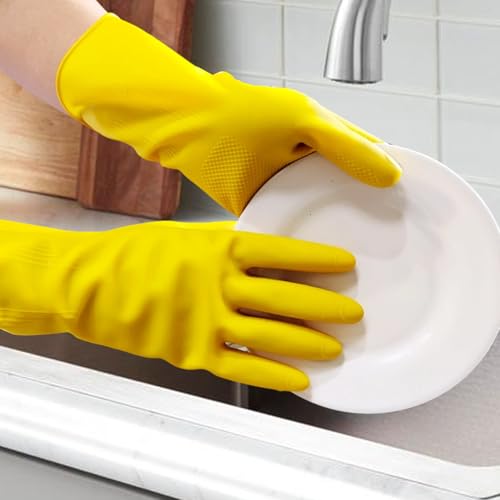 Long Cuff Cleaning Gloves Waterproof Reusable Household Gloves Anti Slip Grip for Kitchen Dishwashing Bathroom Garden Tasks - color: Yellow, size: Small