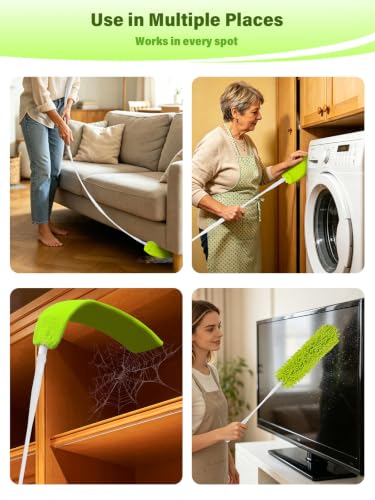 Bend-Free Gap Dust Cleaner Cleaning Tools Washable Flat Duster Brush with 4 Microfiber Chenille Dusting Cloths Long Handle 56 inches for Cleaning Under Appliances Furniture Couch Bed Fridge Ceilings