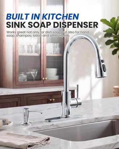 Built in Kitchen Sink Soap Dispenser: Stainless Steel Pump Head with 17 Ounce Large Soap Bottle, Easy Top Refill Design – No Bending Down for Countertop, Chrome - color: Chrome