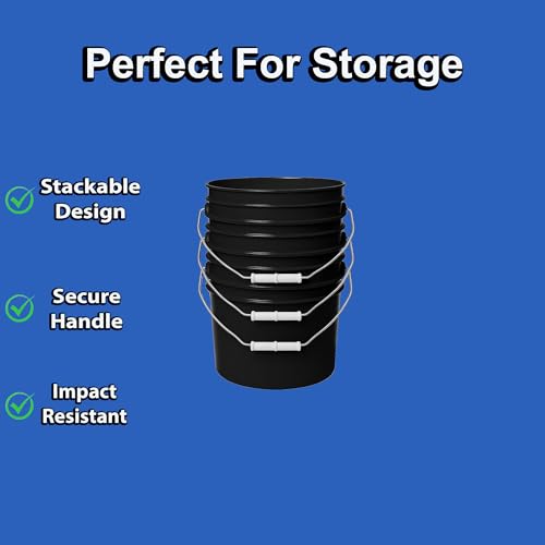 MKS Plastics 1-Gallon Bucket with Airtight Lid – Made in USA, Food Grade BPA Free Plastic, Heavy Duty Multi-Use, Metal Handle with Grip, Stackable Storage – Black, 6 Pack - color: 1 Gallon - Black, size: 6