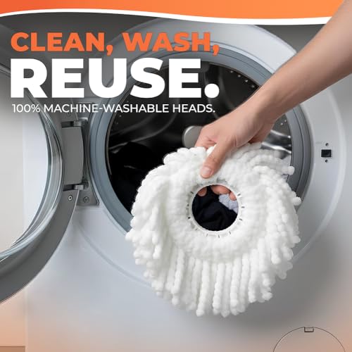 Grazie Spin Mop & Bucket Set - 360° Self-Wringing System, Stainless Steel Handle - Hands-Free Floor Cleaning for Hardwood, Tile, Laminate - Includes 2 Washable Microfiber Mop Head Refills - size: White Mop Bucket + 2 Mop Heads