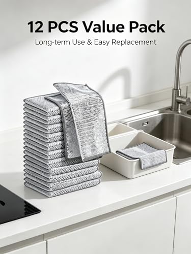 12 Pcs Non Scratch Wire Dishcloth, Metal Dishwashing Rag for Kitchen Sinks Dishes Stove Top, Versatile Durable Odor-Free Effective Mesh Cleaning Tool, 20cm x 20cm Silver