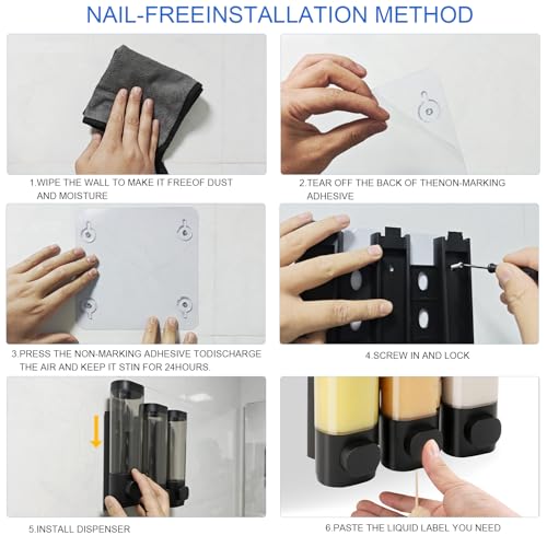 Shower Soap Dispenser Wall Mounted Shampoo and Conditioner Dispenser No Drill 3 Chamber Large Capacity for Bathroom Hotel, Black - color: Black