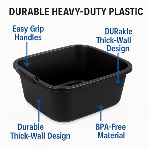 18 Quart Plastic Dishpan, Black Multi-Purpose Wash Basin Tub for Kitchen, Sink, Laundry, Cleaning Tasks