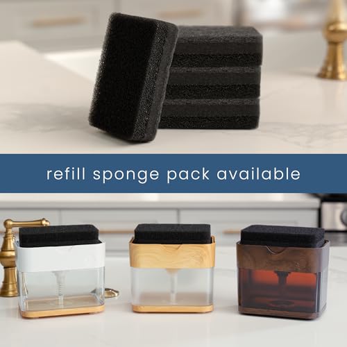 S&T INC. Dish Soap Dispenser and Sponge Holder for Kitchen Sink, Waterproof Labels and Sponge Included, 13 Ounces, Plastic, White and Bamboo - color: White and Bamboo