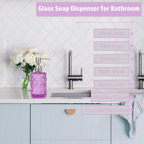 12Oz Purple Soap Dispenser Bathroom - 2 Pack, Clear Glass Hand Soap Dispensers with Stainless Steel Pump, Refillable Dish Soap Dispenser for Kitchen, Countertop Soap Dispensers - color: Diamond Purple(2-pack)