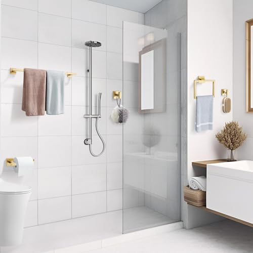 TQKAG Brushed Gold Bathroom Hardware Accessories Set 10 Pieces, 23.6" SUS304 Stainless Steel Towel Bar Set Wall Mounted Includes Single Towel Bar, Towel Ring, Toilet Paper Holder, Double Towel Hooks - color: Brushed Gold, size: 10-Pieces Set