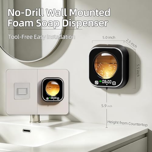 Automatic Soap Dispenser Touchless, Wall Mount Foam Hand Soap Dispenser, 5 Adjustable Foam Levels, Rechargeable 120-Day Battery, IPX5 Waterproof LED Clock for Bathroom Kitchen Sink 320ML (Black) - color: Foam Black