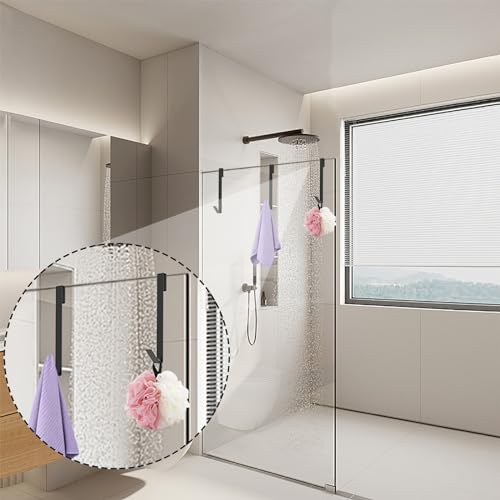 Linone 10 in Shower Door Hooks, Towel Hooks for Bathrooms, Shower Hooks for Towels,Heavy Duty Drilling-Free Extended Over Door Towel Hooks for Frameless Glass Shower Door, 3 Pack - size: 10 IN-Black