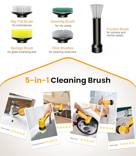qimedo Battery Electric Spin Scrubber Q4, Handheld Scrubber for Cleaning with Display, Power Dish Scrubber with 5 Heads, Shower Cordless Cleaning Brush for Bathroom/Sink/Window - size: 5000mAh Scrubber with 5.0-inch Handle