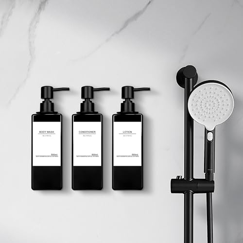 Shampoo Dispenser for Shower Wall, Shampoo and Conditioner Dispenser with 16 Waterproof Labels, No Drill Shower Soap Dispenser Bathroom, Shower Soap Dispenser Wall Mounted 3 Chamber, 17oz,Black - color: Black Bottle + Black Pump