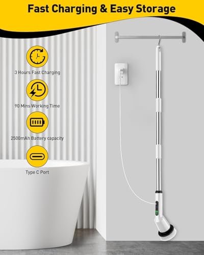 Electric Spin Scrubber,Cordless Shower Cleaning Brush IPX7 Waterproof with 3 Replaceable Brush Heads, Adjustable Extension Handle and Power Dual Speed,Power Scrubber for Bathroom Tub Tile Floor Car 5