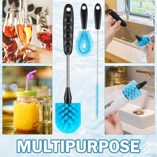 12.2 inch Bottle Brush Set of Three,Washable Coffee Cups, Water Bottles, Baby Bottles, Straws, to-go Cups, Long-Handled 3-in-1 Stainless Steel Bottle Brushes. (Blue) - color: Blue
