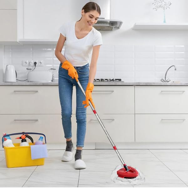 Spin Mop Replacement Handle and Mop Base Replacements for OCeda EasyWring 1-Tank Spin Mop System,4-Section Iron Mop Handle 30-58in and 1 Mop Base and 1 Scrub Brush Cover Set Combo, Red - color: Red, size: Handle + 1 Scrub Brush + 1 Base