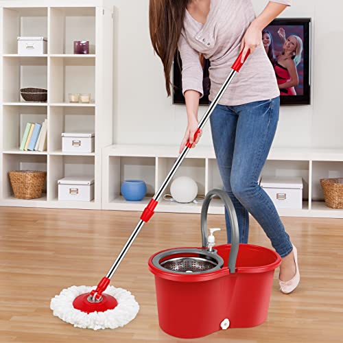 Spin Mop and Bucket with Wringer Set, 360° Spinning Mop Bucket System with 3 Microfiber Mop Replacement Heads, Adjustable Handle for Floor Cleaning (red) - color: Red