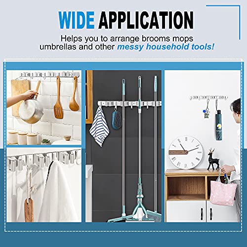 NUHATOP Broom Holder Wall Mount,4 Clips 5 Hooks, Stainless Steel, Mop and Broom Organizer Rack, Non-Slip, Cleaning Tools Storage Hanger for Garage, Laundry Room, Closet Door, Garden, Silver