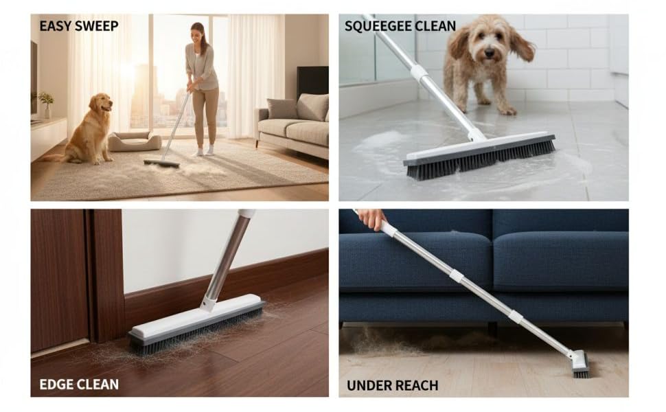 Generic 50.4 in Adjustable Pet Hair Broom with Silicone Squeegee, 12.2 in Head, White Brush for Tile Hardwood Carpet Cleaning