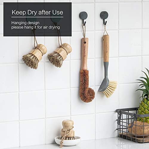 Natural Bamboo Dish Brush Bottle Scrub Brush 4-Piece Set, with Ceramic Soap Dispenser - Wooden Washing Up Brushes with Sturdy Handles for Cleaning Dishes, Pots, Pans, Gift Kit