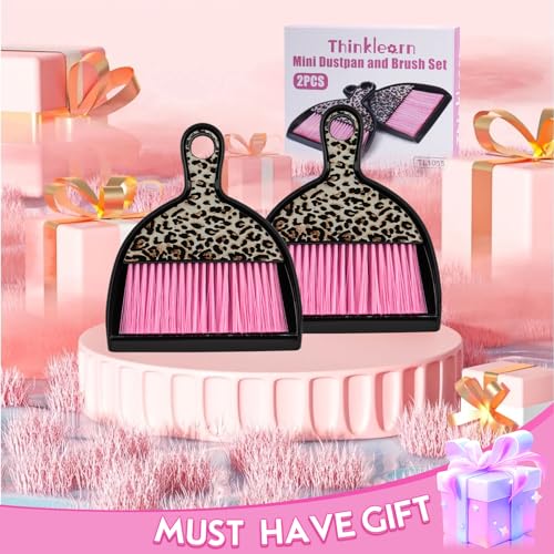 THINKLEARN 2PCS Small Dust Pan and Brush Set, Mini Broom Dustpan Kit | Portable Brush Dustpan Combo Set, Pink Leopard Print Design, Compact Cleaning Supplies - color: Pink