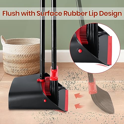 TreeLen Dust Pan and Broom/Dustpan Cleans Broom Combo with 52" Long Handle for Home Kitchen Room Office Lobby Floor Use Upright Stand Up Broom and Dustpan Set - Black/Red - color: Red/Black