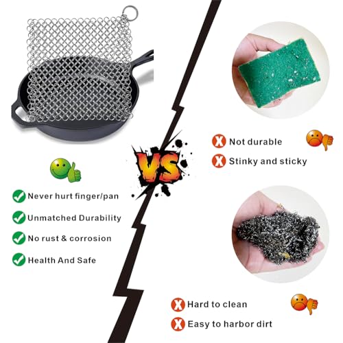 Cast Iron Cleaner - 6 Inch Stainless Steel Chain mail Scrubber for Cast Iron Pans Cleaner Chainmail Scrubber for Skillet, Wok, Pot, Dutch Ovens