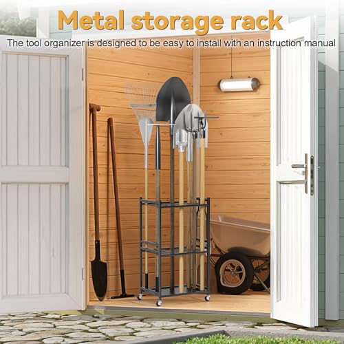 Cuteam Garden Tool Organizer, 35-Slot Steel Rolling Rack with Wheels, Adjustable Feet Yard Tool Rack for Shovels, Rakes, Brooms and Cleaning Equipment, Efficient Tool Organization System (Black)