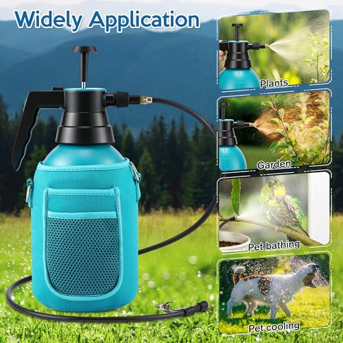 Aurelema Personal Mister, 2 in 1 Water Spray Bottle with 3.3ft Extend Mist Line/Neoprene Jacket/Strap, Portable Handheld Pump Spray Bottle for Outdoor Cooling, Hiking, Garden, Pet(Blue,2L) - color: Blue, style: with Neoprene Jacket;