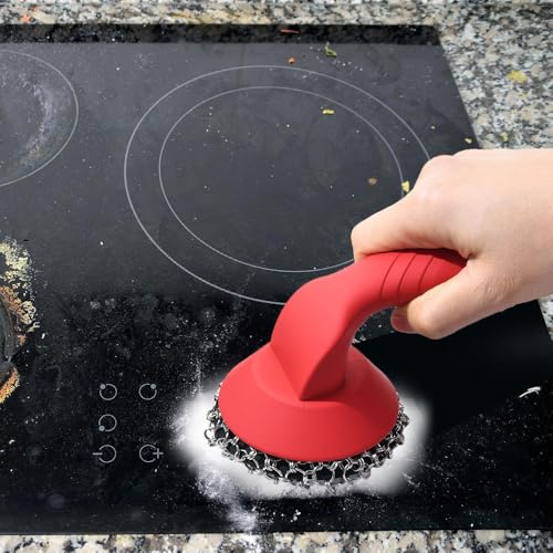 Cast Iron Cleaner, Stainless Steel Cast Iron Scrubber with Silicone Handle, Portable Kitchen Cleaning Brush for Kitchen Pots Pans Sink - color: Red