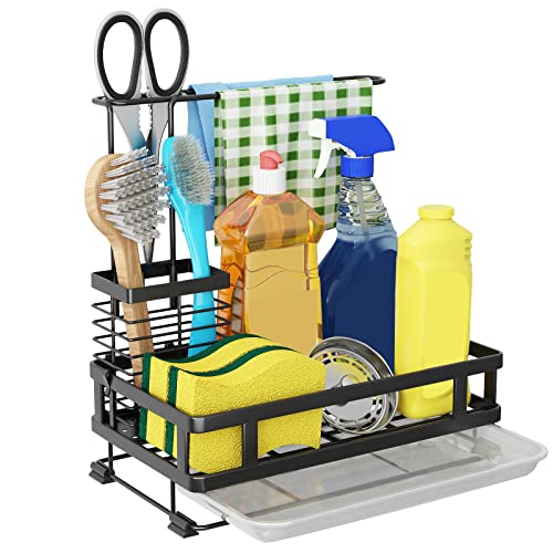 Godboat Kitchen Sink Organizer with Brush Rack - Sink Caddy with Drain-Pan | Stainless Steel Sponge Holder for Kitchen Sink with Towel Rack, Organizer for Dish Soap Dispenser, 10.5"L × 5.9"W × 10.5"H