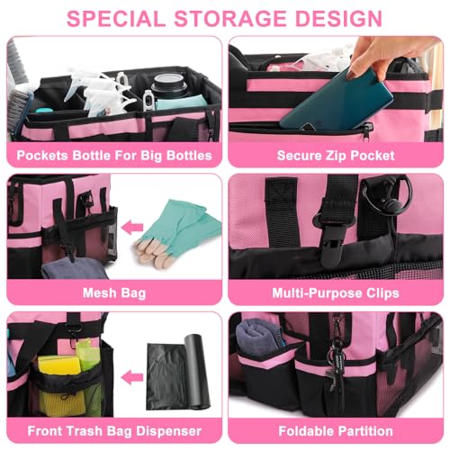 Large Cleaning Caddy Bag with Built-in Support Board, Wearable Cleaning Supplies Organizer with Adjustable Shoulder Strap & Waist Belt, Waterproof Heavy Duty Tote for Housekeepers Car Detailing - color: Black-Pink