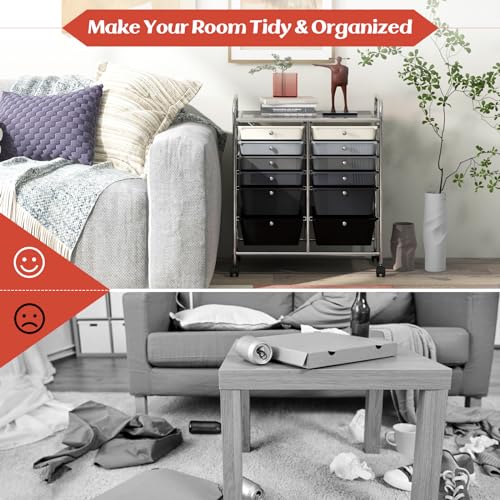 DREAMADE Rolling Cart with Storage Drawers, Utility Cart with Removable Plastic Drawers, Lockable Wheels, Art Cart for Classroom Organization Art Supplies Office Scrapbook (12 Drawers, Mixed-black) - color: Mixed-black, style: 12 Drawers