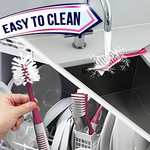Dish Brush Set of 4 - Kitchen Scrub Brushes with Non-Slip Long Handle for Cleaning, Scrubber, Dishwashing, Dishes, Bottles, Straws, Cups, Pots & Sink, Red - color: Red, Set of 4