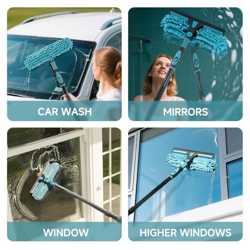 62" Window Squeegee, 2 in 1 Window Cleaning Tool with Telescopic Pole, Rotatable and Bendable Head for High Windows Indoor Outdoor, Includes 2 Blades & 2 Pads (Microfiber+Pads)