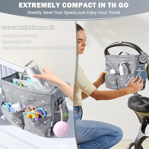 IvyWind Electric Travel Baby Bottle Brush Set with Storage Box, Automatic Bottle Cleaner Brush Kit with Silicone Bottle/Nipple/Straw Brush, Milk Frother Electric and Drainage Rack, Rechargeable, Gray - color: Gray