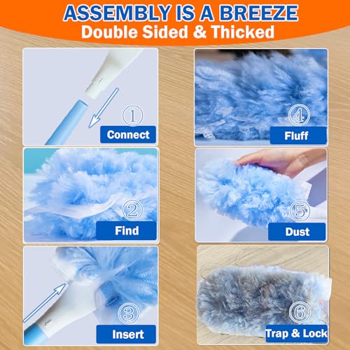 60 Heavy Duty Duster Refills for Swiffer Duster, 3 ft Extendable Handle, 1 Short Handle, Multisurface 360 Dusters kit for Dusting Furniture, Ceiling Fans, Blinds, Blue