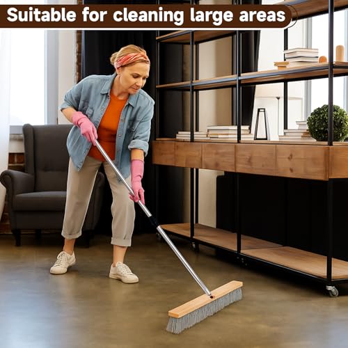 Maxdot 1 Pcs 36" Push Broom with Stainless Steel Telescopic Handle, Polypropylene Bristles, Heavy Duty Outdoor Indoor Push Large Broom with Handle for Smooth Surface Home and Garage Sweeping - color: Beige ,Silver and Black
