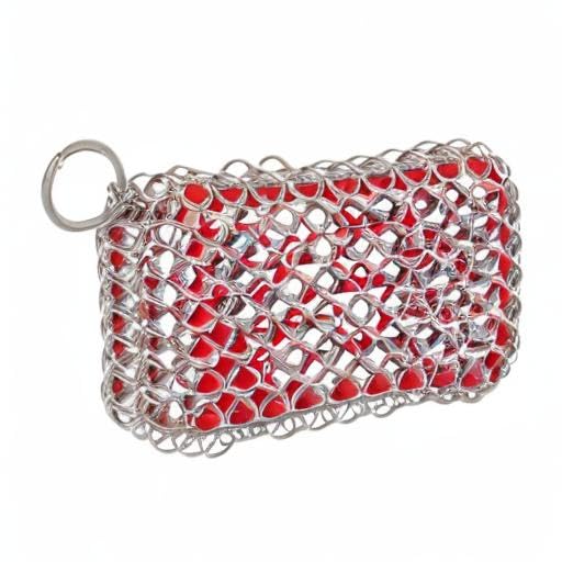 Lodge Chainmail Scrubbing Pad - Heavy Duty Stainless Steel Cast Iron Scrubber with Silicone Grip - Reusable Cleaning Pad for Cookware & Kitchen Essentials - Red | bike-oils